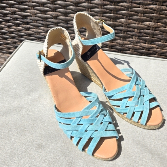 Gaimo Spain 100% Genuine Suede Leather Wedge Sandals, Turquoise Blue Aqua 10 - Picture 1 of 5